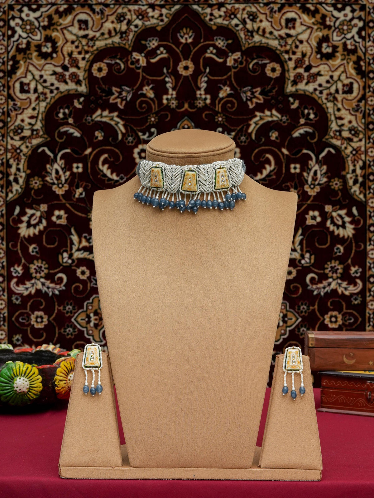 Grey Patwa Craft Meenakari Choker Set, Quartz Drops, Handmade Indian Jewelry, Traditional Rajasthani Choker