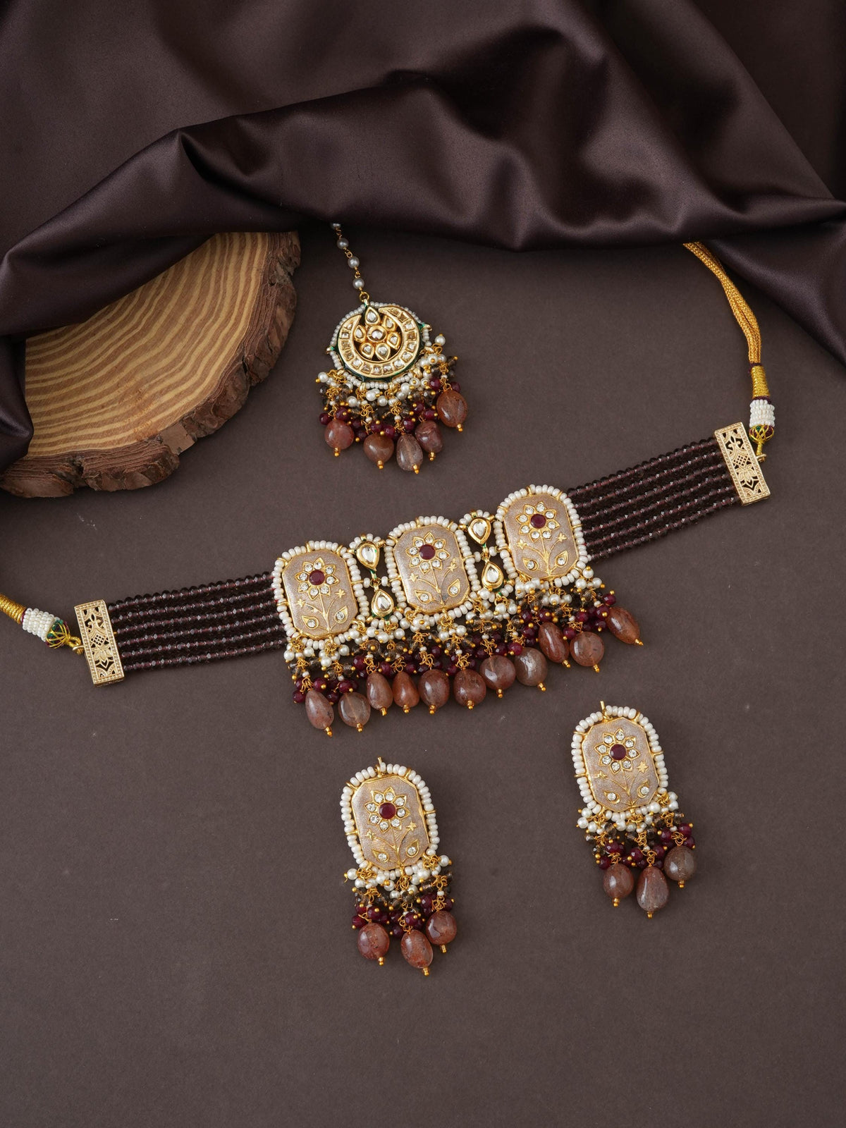 Coffee Brown Meenakari Kundan Choker Set | Natural Jasper Gemstone Drops | Indian Jewelry | Handmade Traditional Jewelry | Pinkcity Craft