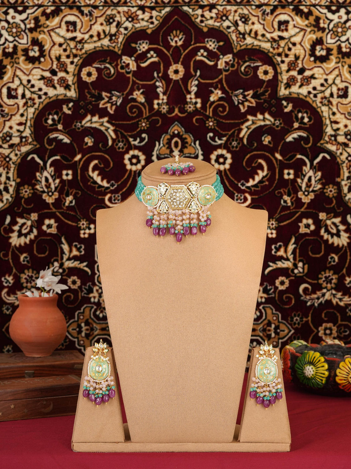 Firoza & Plum Meenakari Kundan Necklace Set, Brass Indian Jewelry | Handmade Rajasthani Bridal Jewelry | Traditional Ethnic Choker