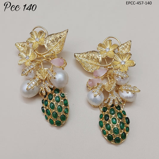 Beautiful Leaf Designer Baroque Pearl Gold Stud Earrings
