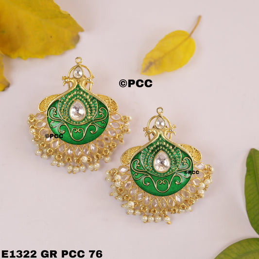 Chandbali Style Cluster green & Gold plated Earrings