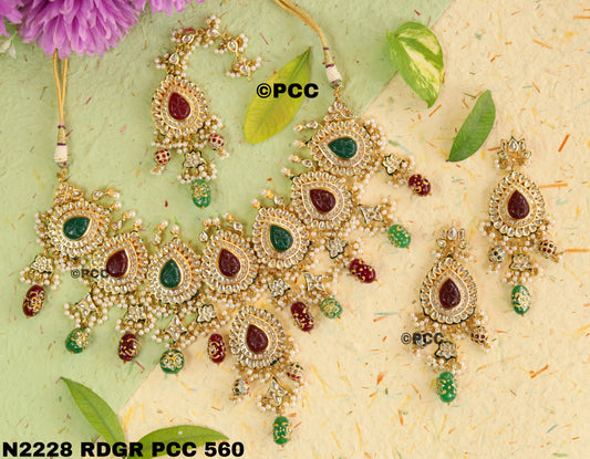 Handmade Meena Kundan Bridal Necklace Set With Earrings & Tika