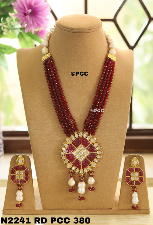 Polki Kundan & Carving Stones Pendant With Multi Strand Beads & Pearls Chain