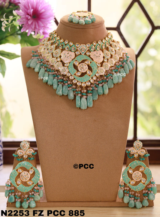 Bridal Kundan Meena Choker Necklace Set With Earrings & Tika