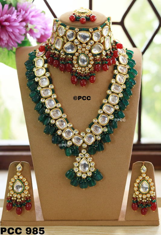 Green Stone Meenakari Kundan Necklace Set Bridal Combo