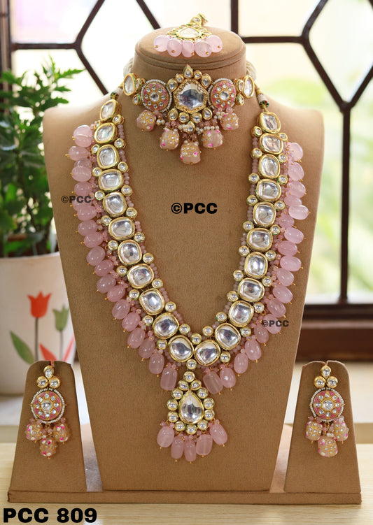 Pink Bridal Jewellery Necklace with Earrings & Tikka