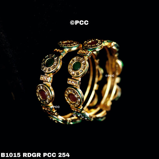 Green And Golden Polki Stone Gold Plated Traditional Set Of 2 Bangles for Women
