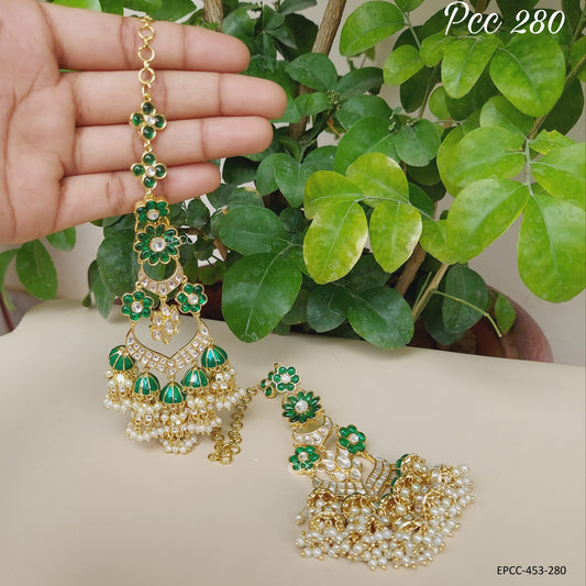 Green Meenakari Polki Kundan Jhumka Earrings with Chain