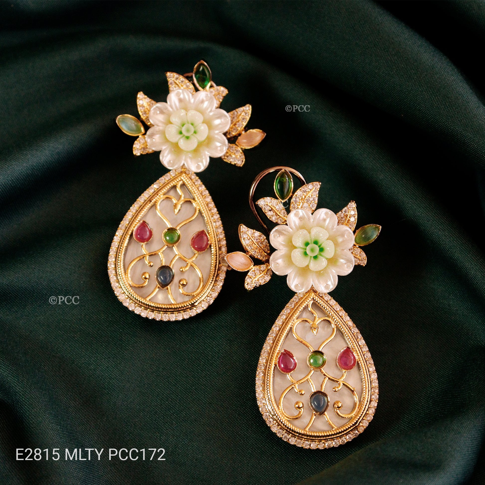 Designer semi-precious earrings featuring mother of pearl