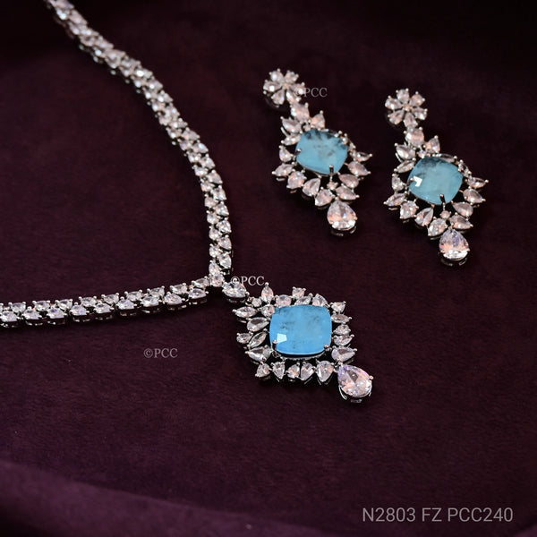 Cubic Zirconia & Firoza Stone Necklace With Earrings