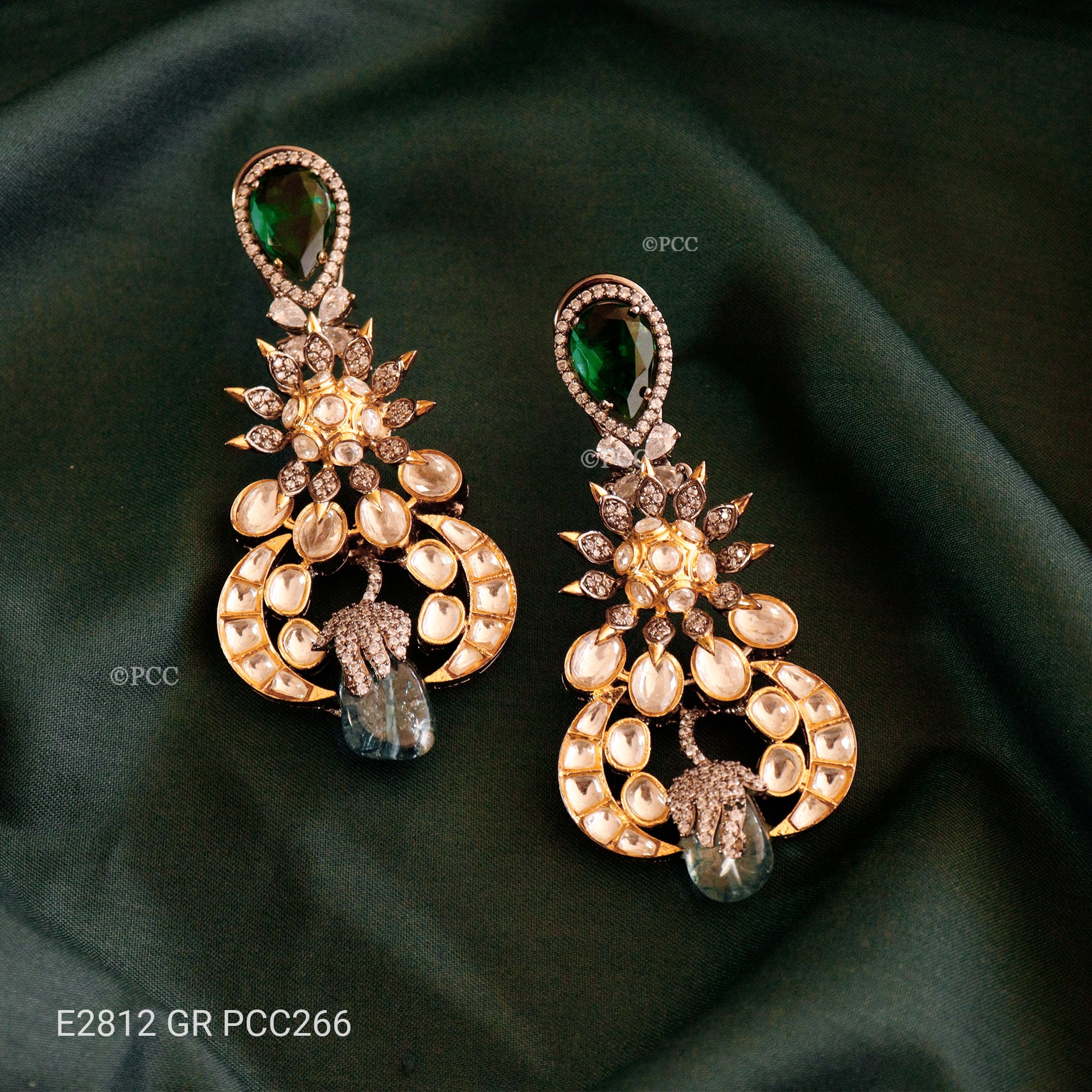 Green Gem Stone With Polki Kundan Gold Plated Earring