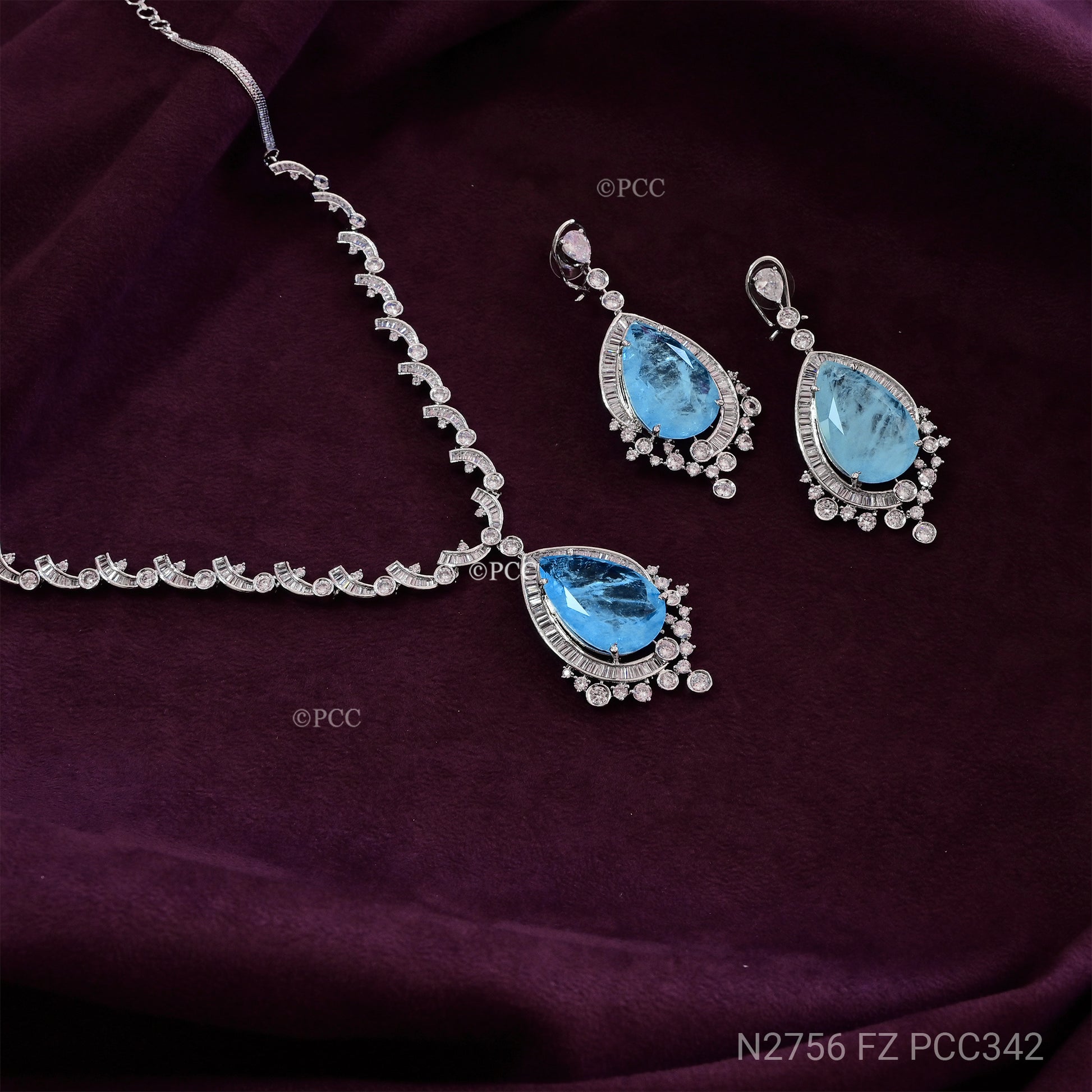 CUBIC ZIRCONIA & FIROJA COLOR  STONE NECKLACE WITH EARRINGS