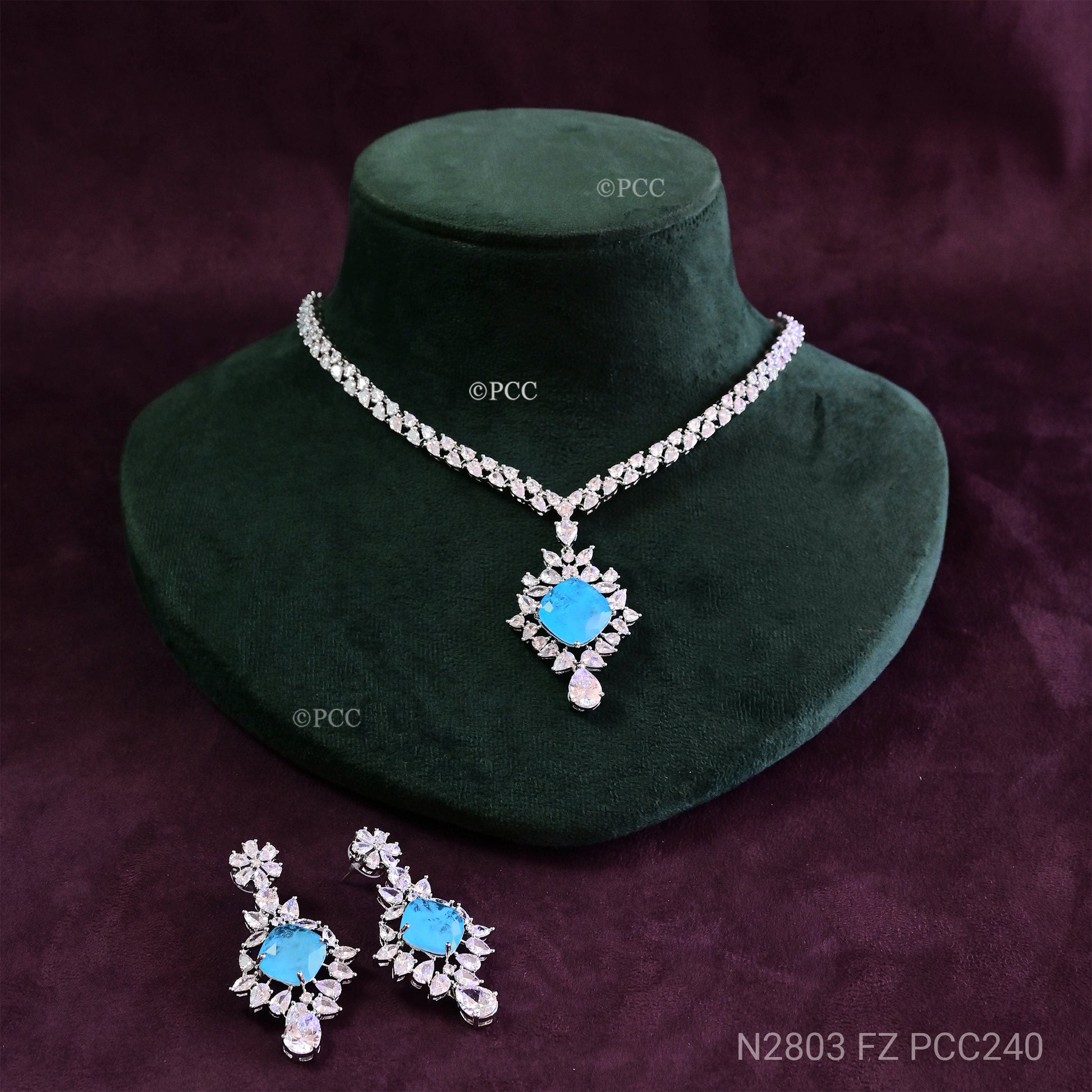 CUBIC ZIRCONIA & FIROJA COLOR STONE NECKLACE WITH EARRINGS