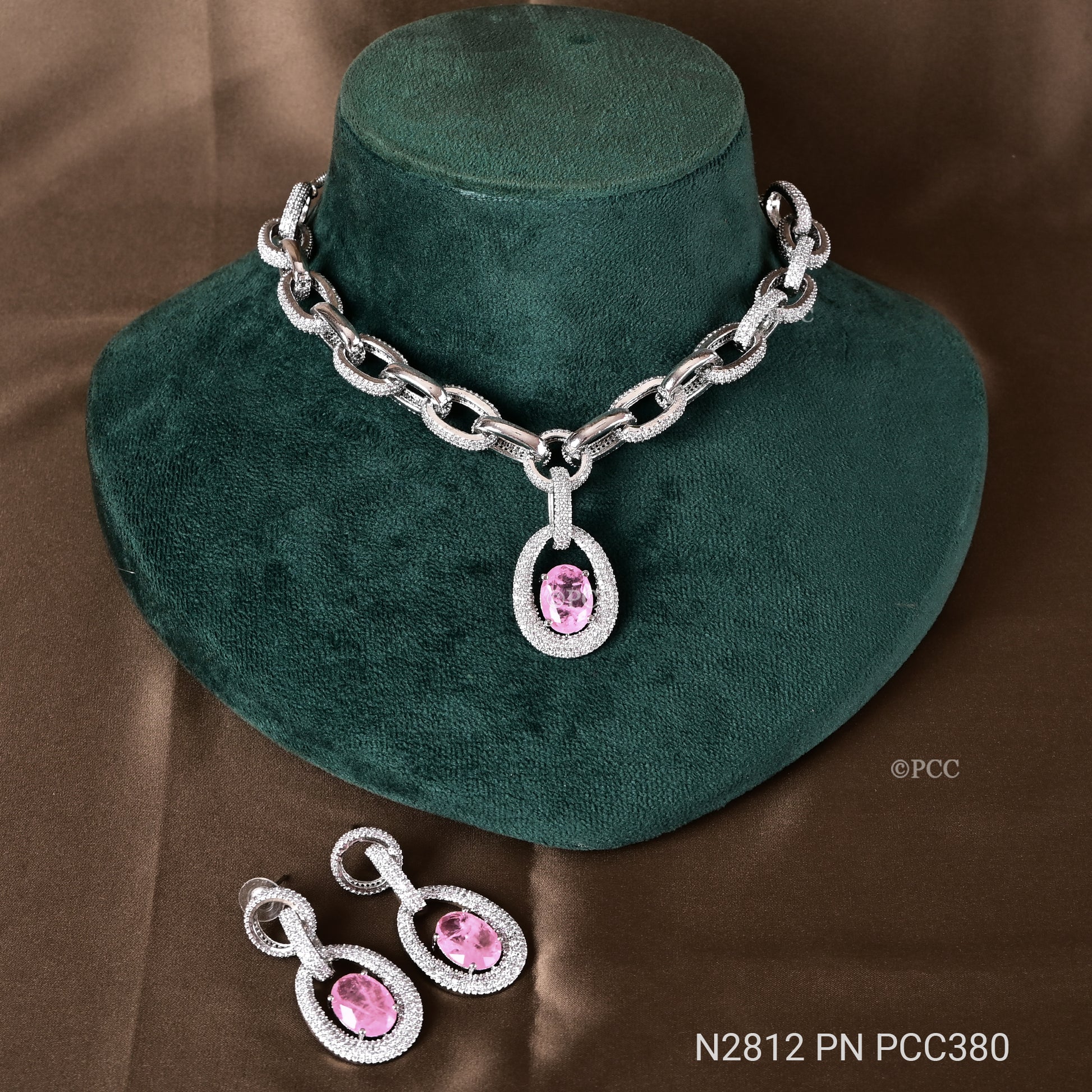 CUBIC ZIRCONIA STONE & NATURAL DUBLABEL PINK STONE WITH 925 SILVER CHAIN