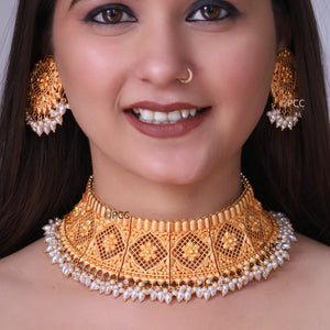 Gold Plated Choker Necklace Set with Earrings