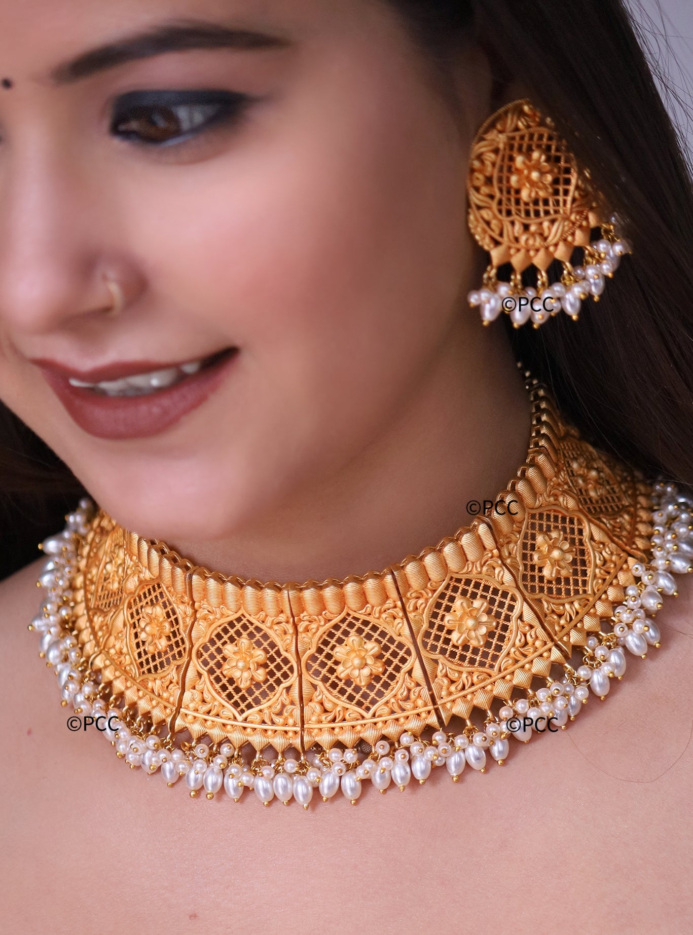 Gold Plated Choker Necklace Set with Earrings