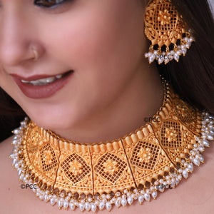 Gold Plated Choker Necklace Set with Earrings