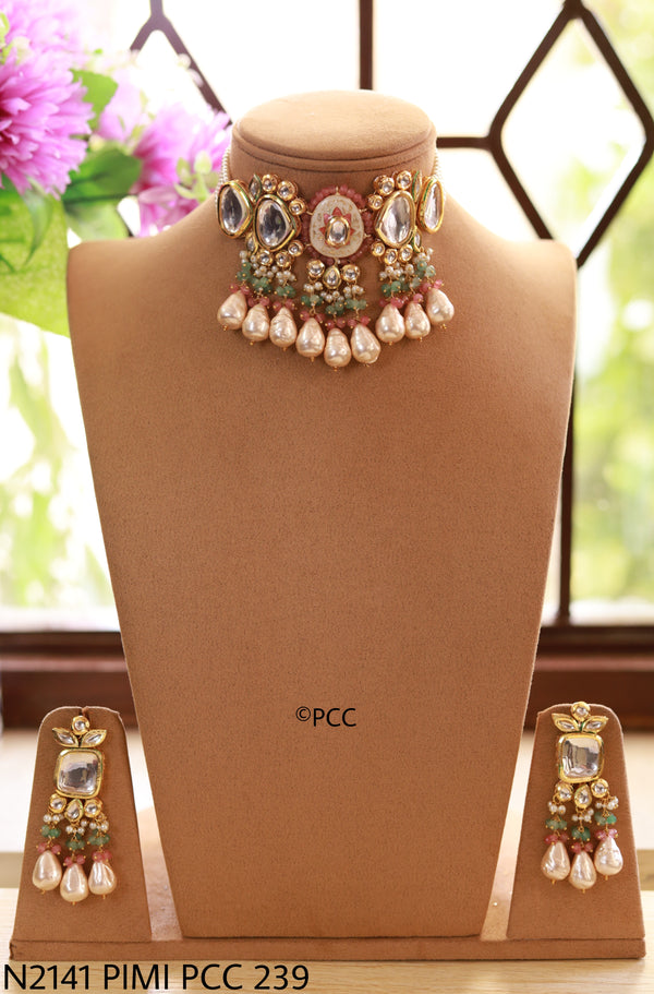 Handmade Kundan Meena Choker Necklace with Pearls and Earrings -Pinkcity Craft