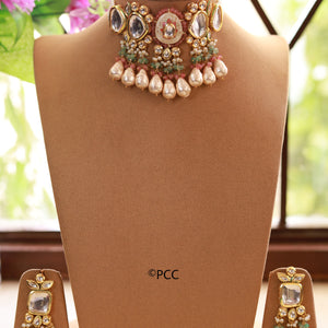 Handmade Kundan Meena Choker Necklace with Pearls and Earrings -Pinkcity Craft