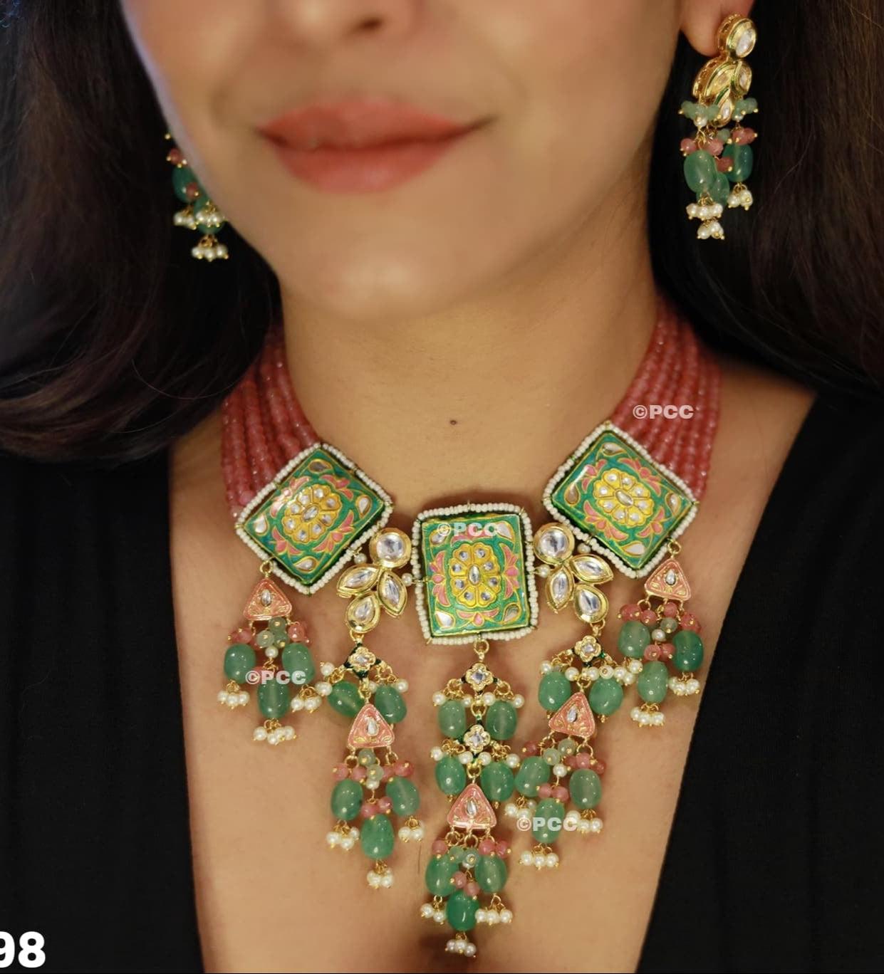 Meenakari Kundan Necklace Set with Green Beads