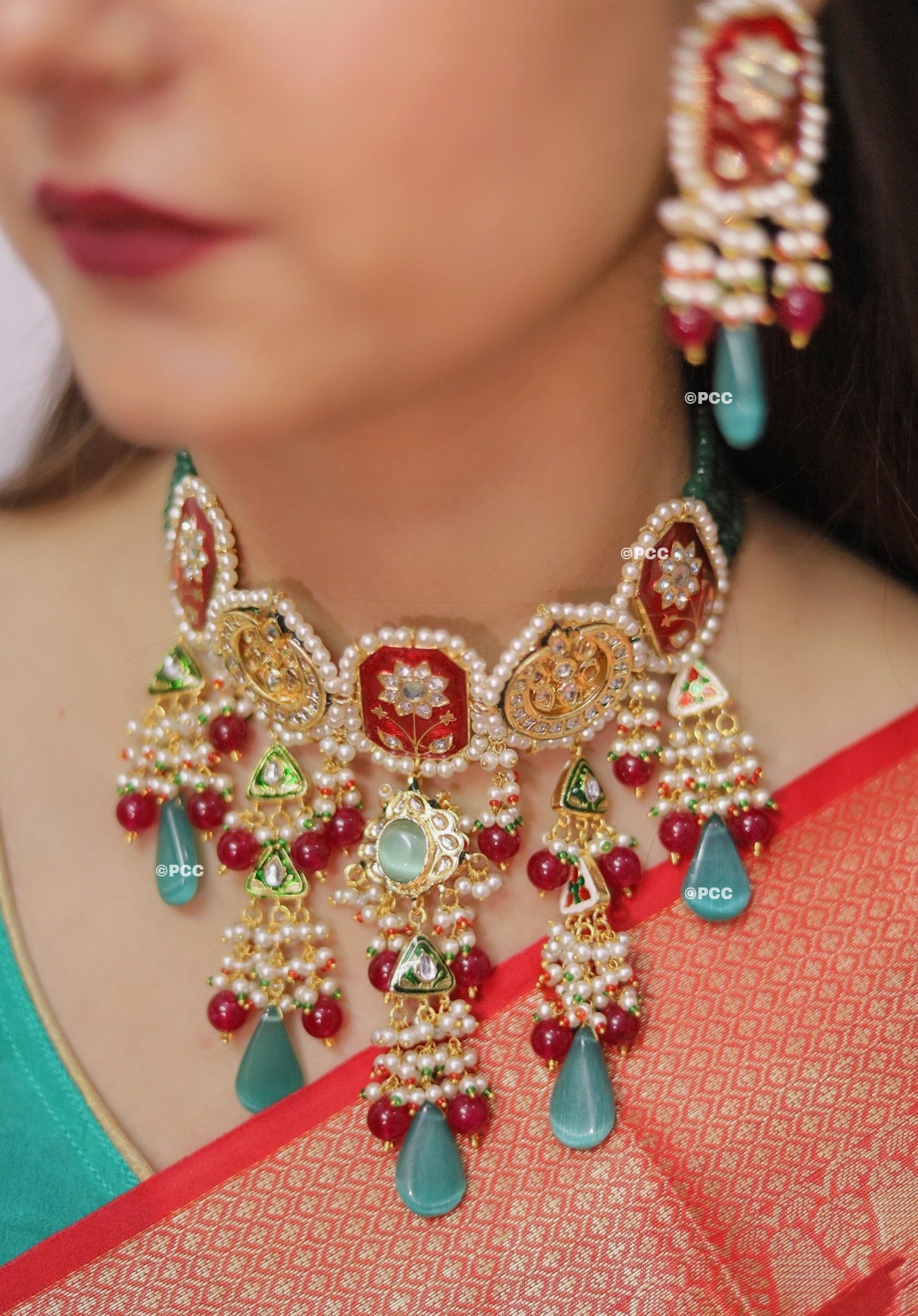 Jadau Meena Kundan Hand Work Necklace & Earrings.