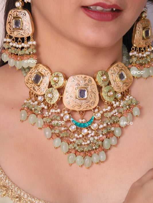Stylish Kundan Meena Choker Necklace Set with Earrings