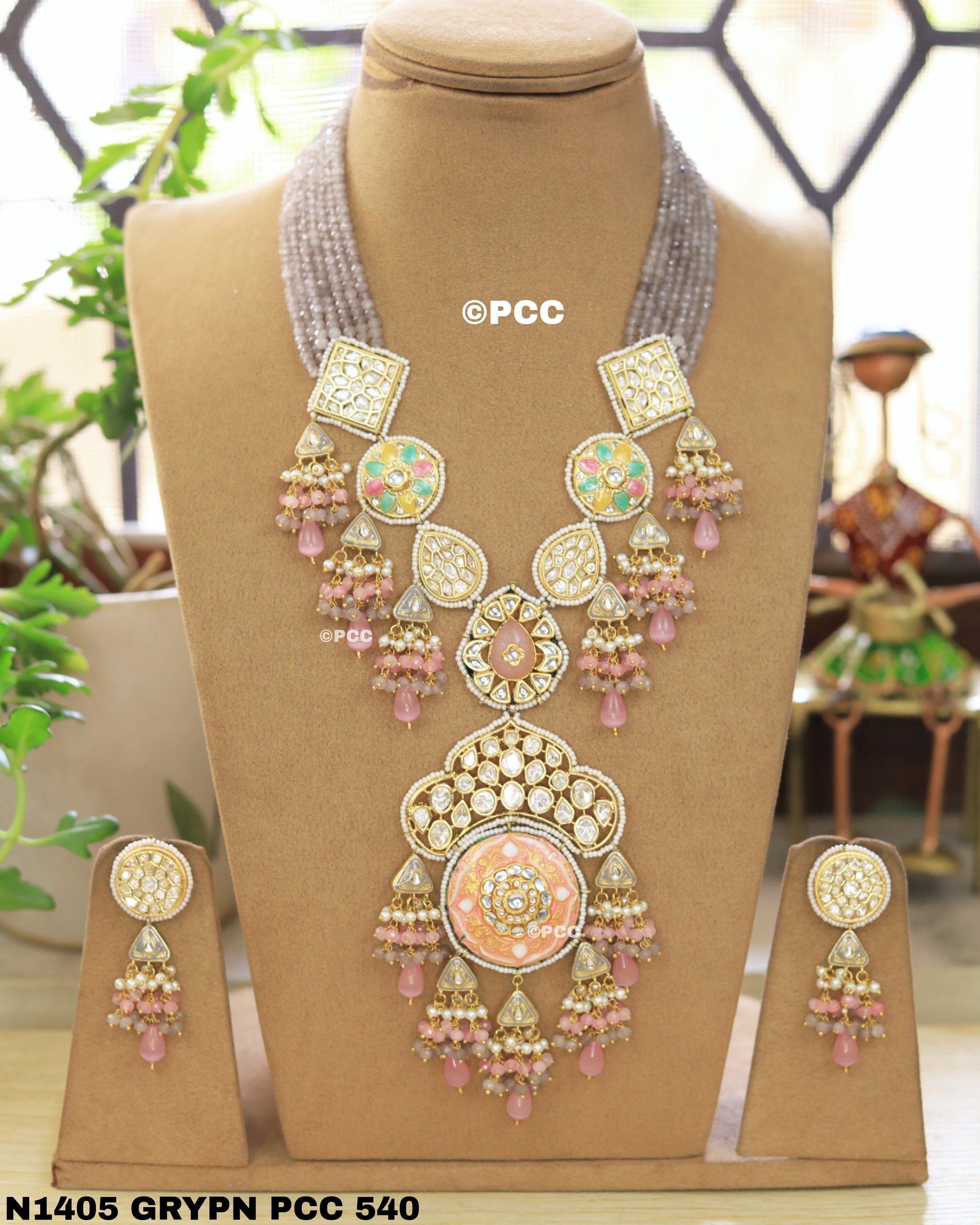 Heavy Kundan Meenakari  & semiprecious Long Necklace With Earring set