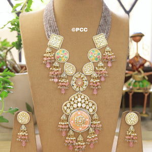 Heavy Kundan Meenakari  & semiprecious Long Necklace With Earring set