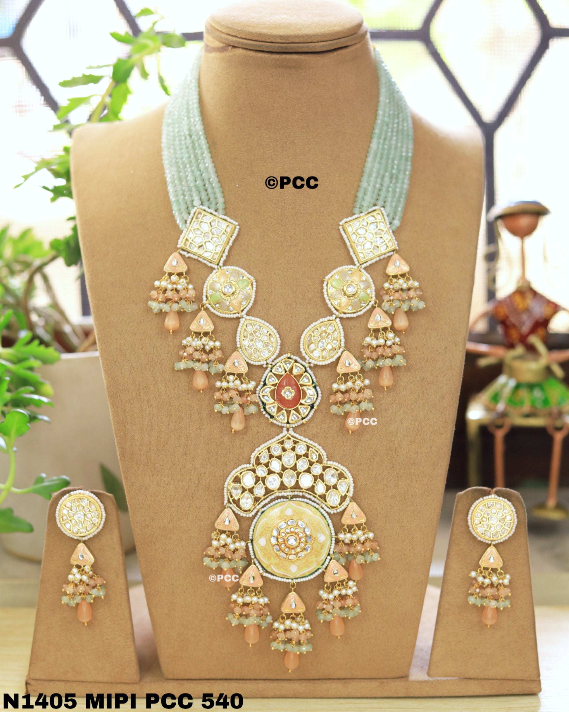 Heavy Kundan Meenakari  & semiprecious Long Necklace With Earring set