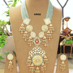 Heavy Kundan Meenakari  & semiprecious Long Necklace With Earring set