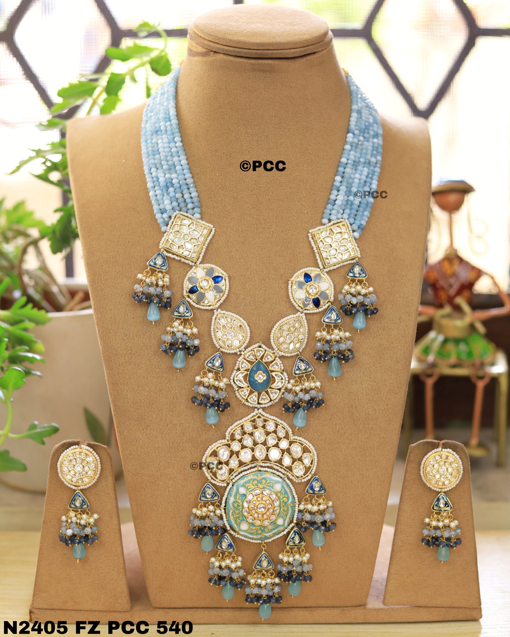 Heavy Kundan Meenakari  & semiprecious Long Necklace With Earring set