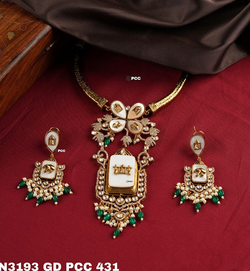 Designer Green Hasil Polki Fusion Necklace Set with Earrings