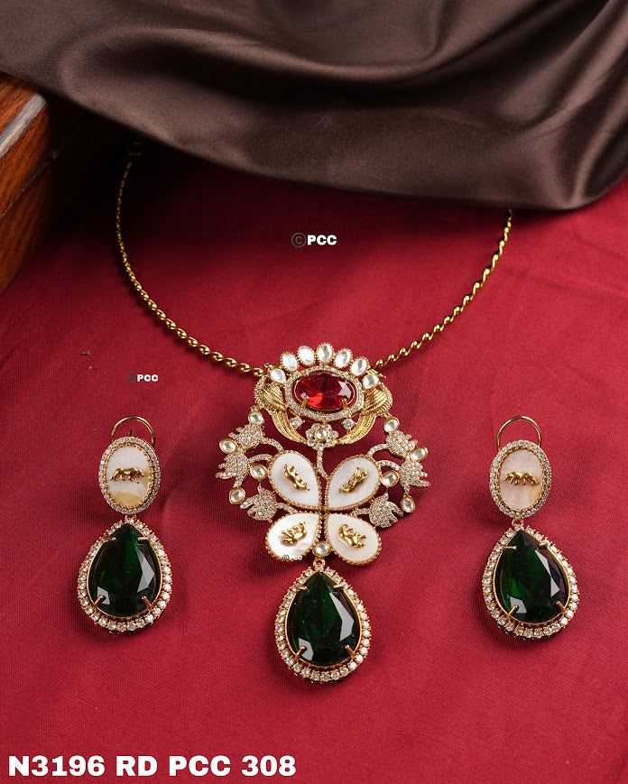 Precious Green Polki Fusion Necklace Set