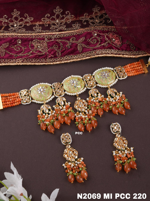 Orange Meenakari Choker with Kundan Stones – Traditional Indian Jewelry for Weddings & Occasions