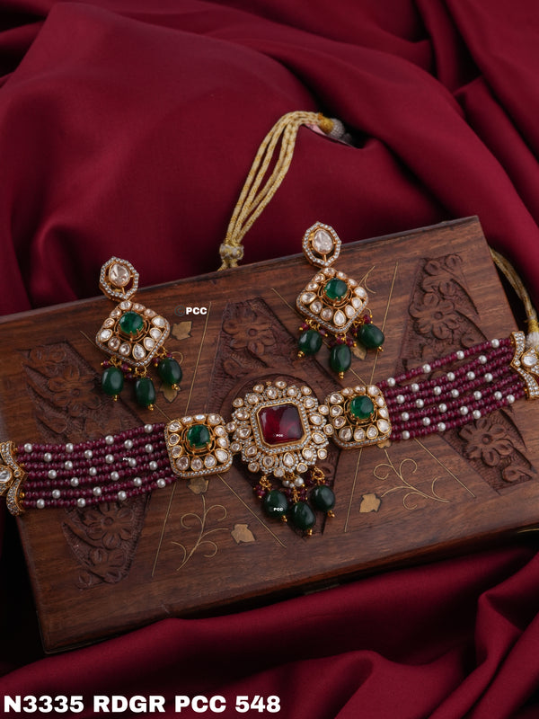 Handcrafted Moissanite Polki Necklace Set with Red & Green Dublate Stones  – Rajasthani Bridal Jewelry