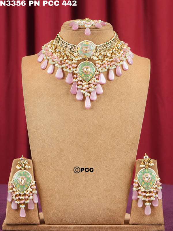 Pink Meenakari Kundan Necklace with Monilosa Drops – Handmade Bridal Set