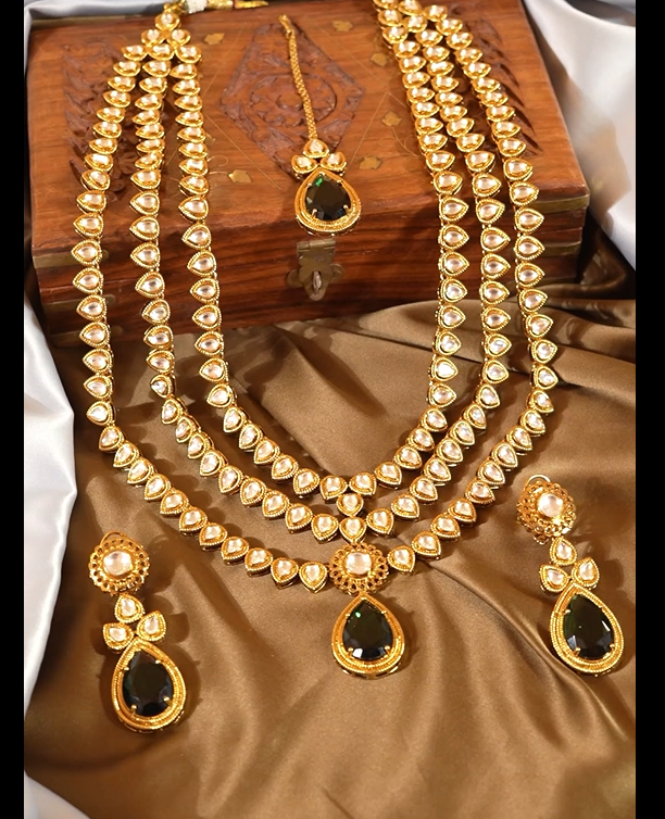 Antique Mehndi Polish kundan CZ crystal Stone Necklace with Earring