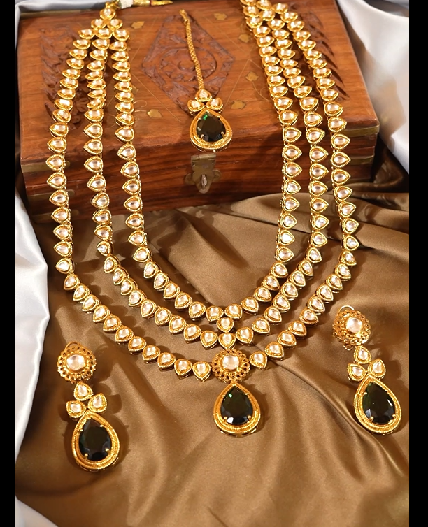 Royal Antique Mehndi Polish Layered Kundan-CZ Necklace Set