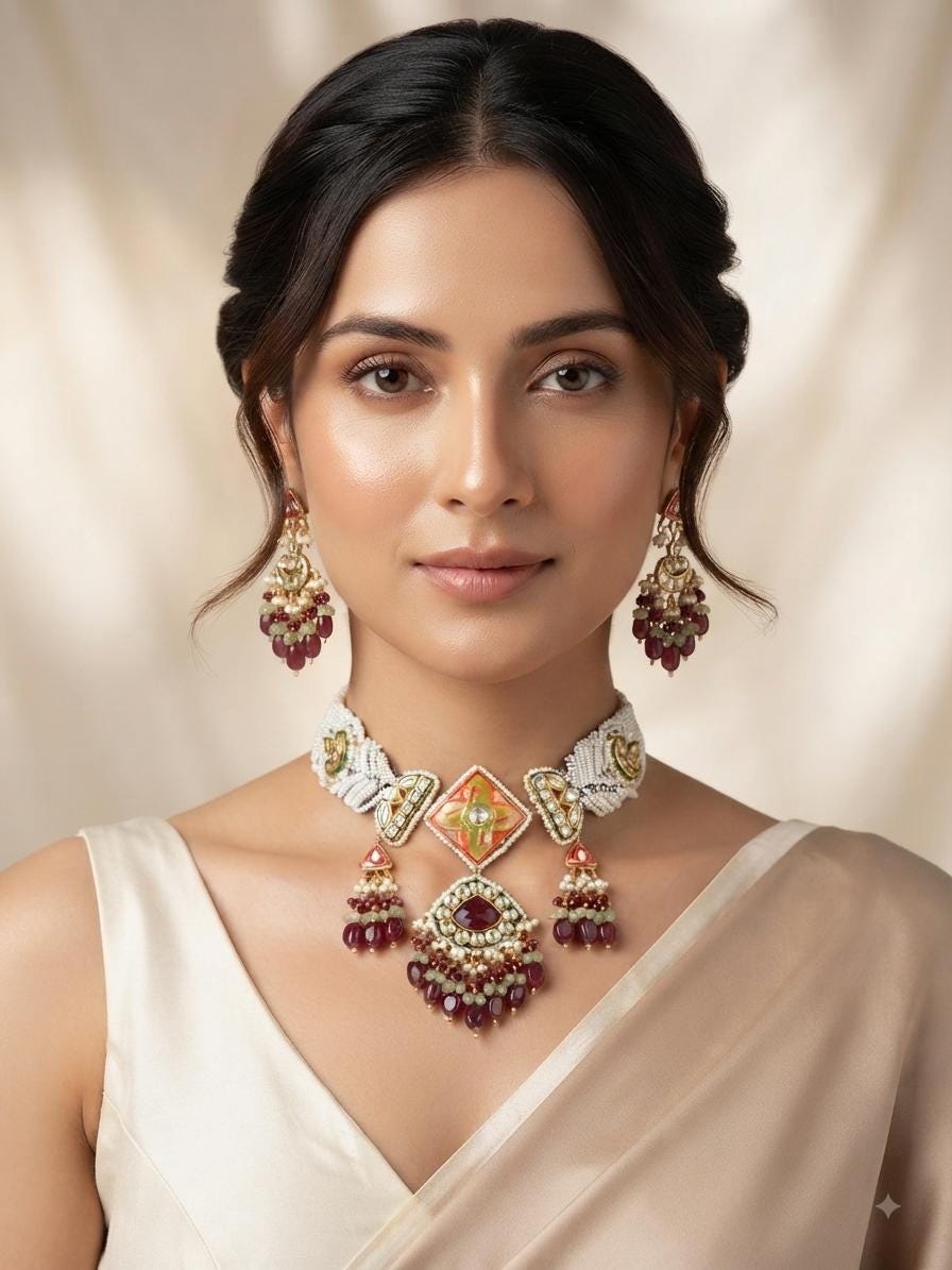 Brown Patwa Craft Meenakari Kundan Necklace Set, Handmade Indian Jewelry, Traditional Rajasthani Necklace