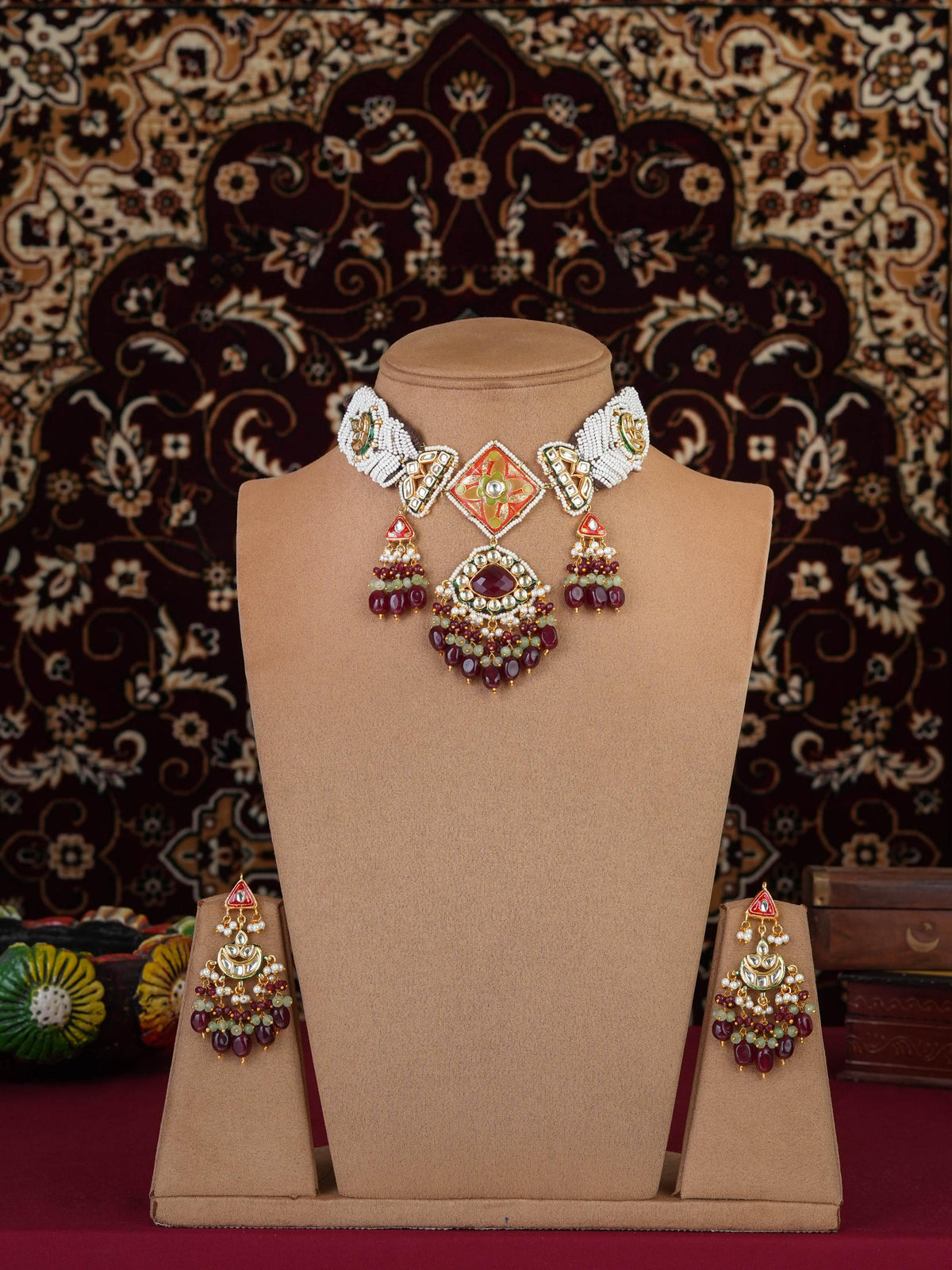 Brown Patwa Craft Meenakari Kundan Necklace Set, Handmade Indian Jewelry, Traditional Rajasthani Necklace