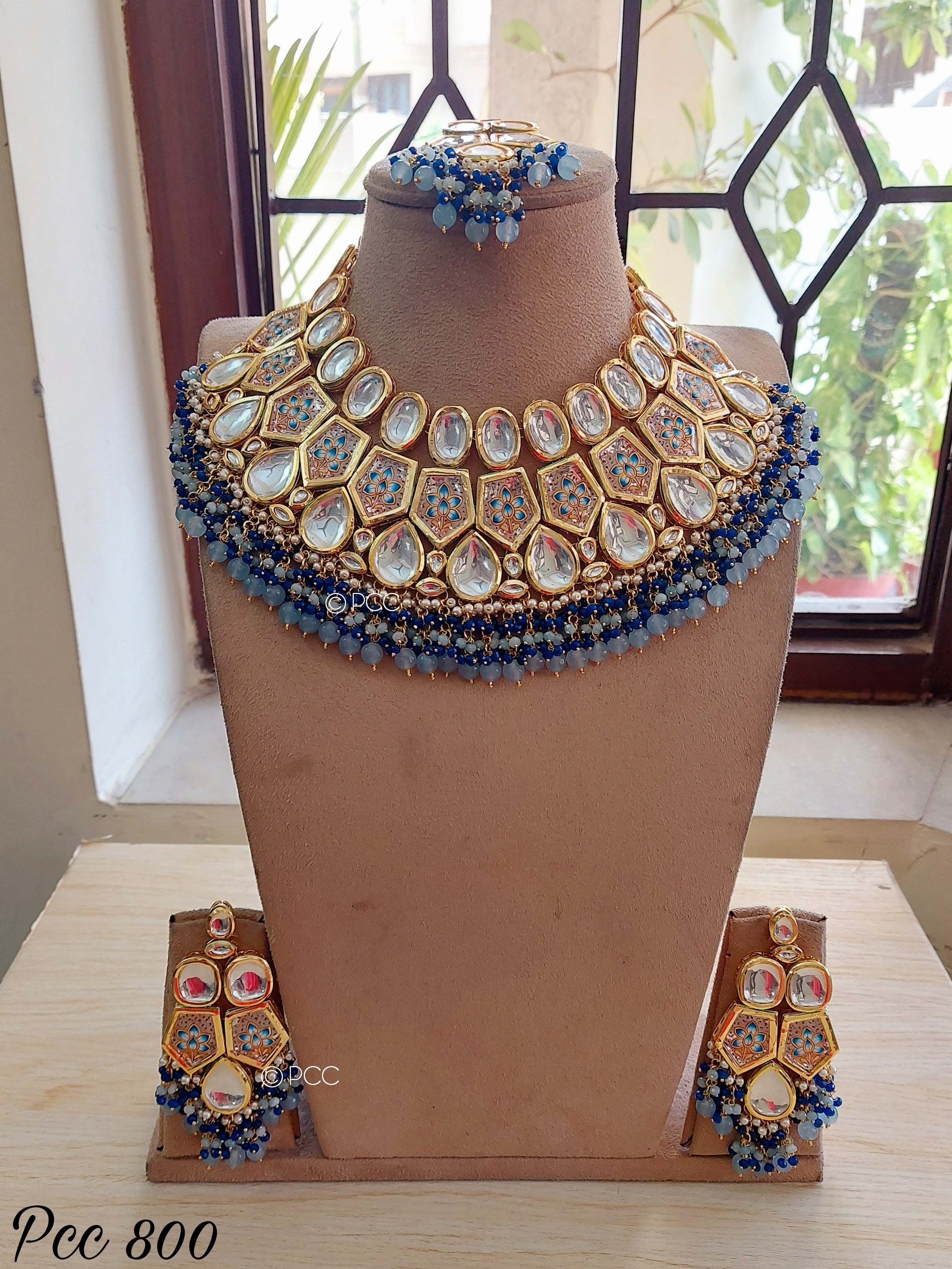 Multicolor Kundan Choker Necklace Set with Earrings & Maang Tikka- PCC800