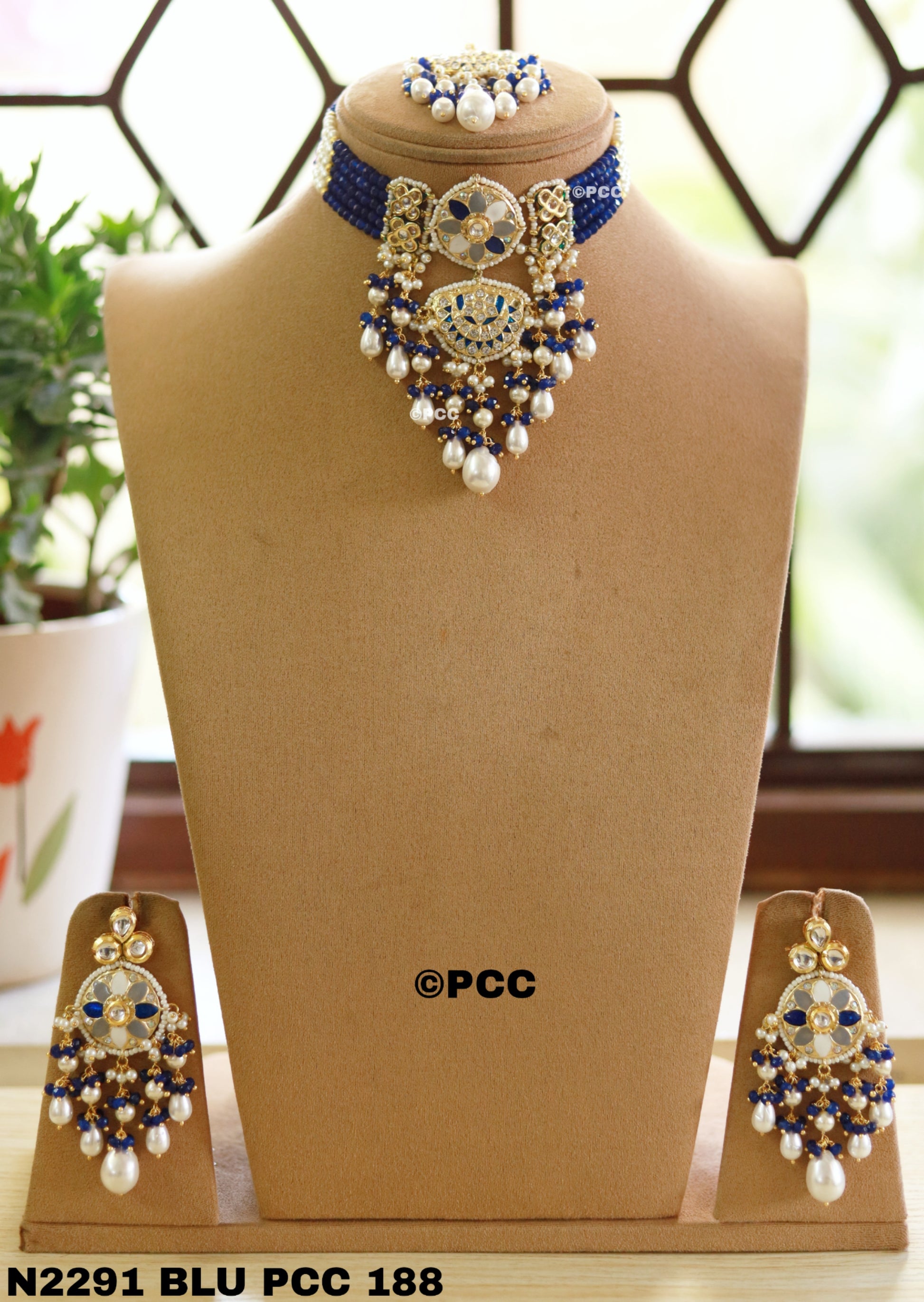 Elegant Blue pearl CZ choker necklace earrings at ₹3450 | Azilaa