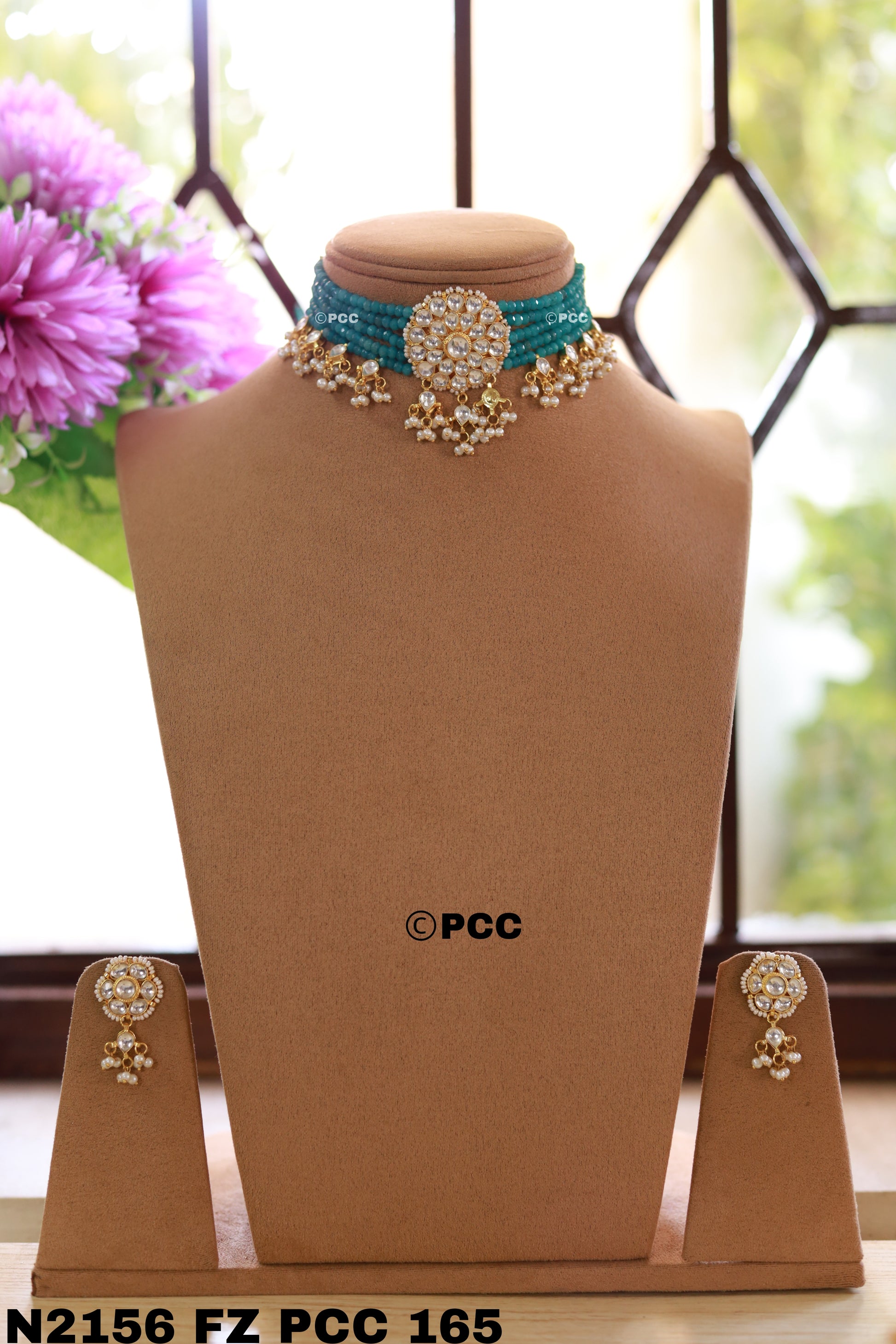 Kundan & Pearls Flowers Choker Necklace & earring Set