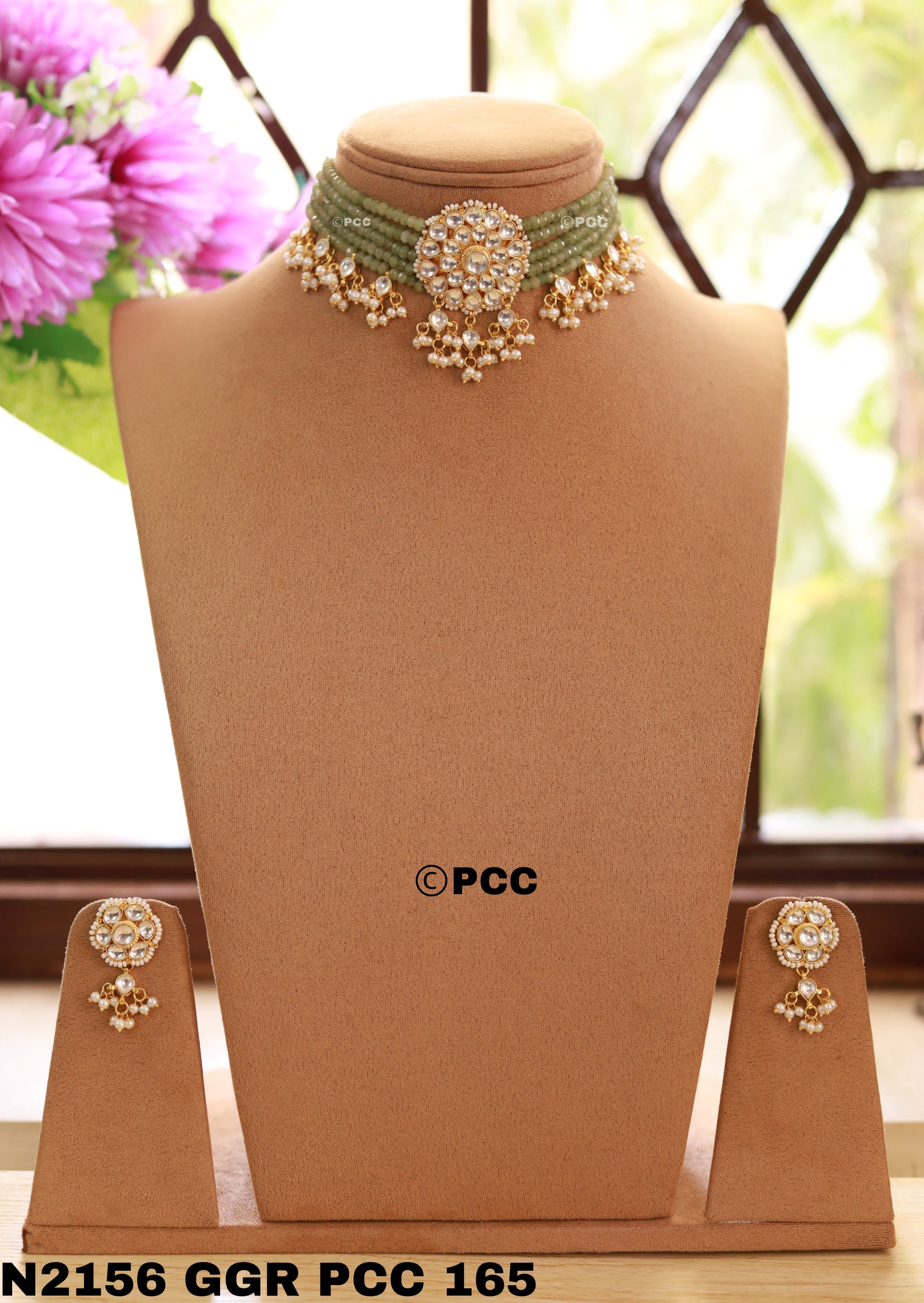 Kundan & Pearls Flowers Choker Necklace & earring Set