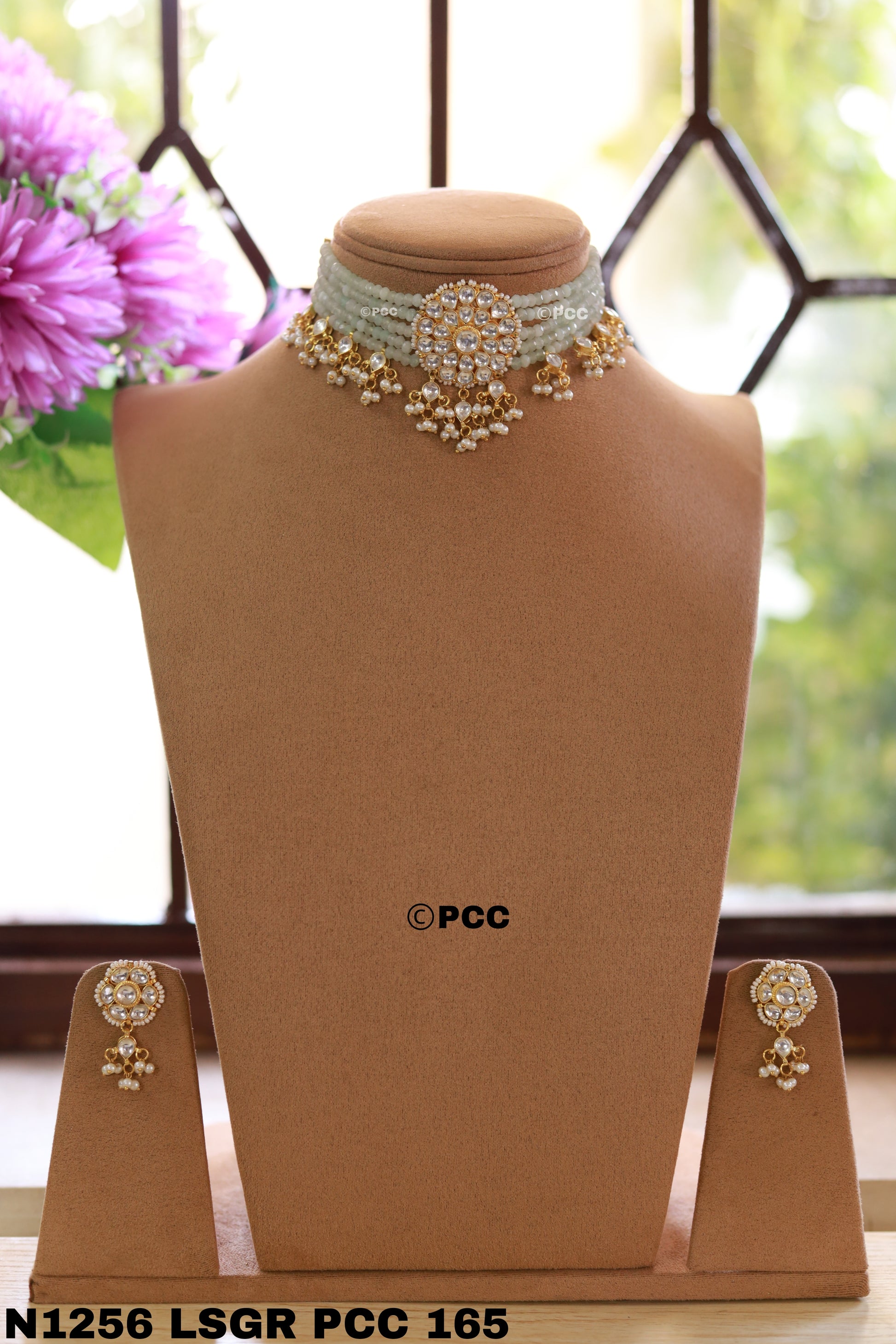 Kundan & Pearls Flowers Choker Necklace & earring Set