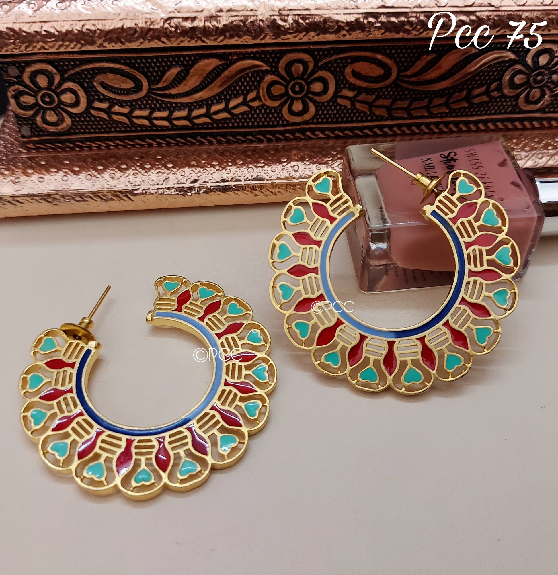 Gold Plated Meenakari Half Hoop Earrings