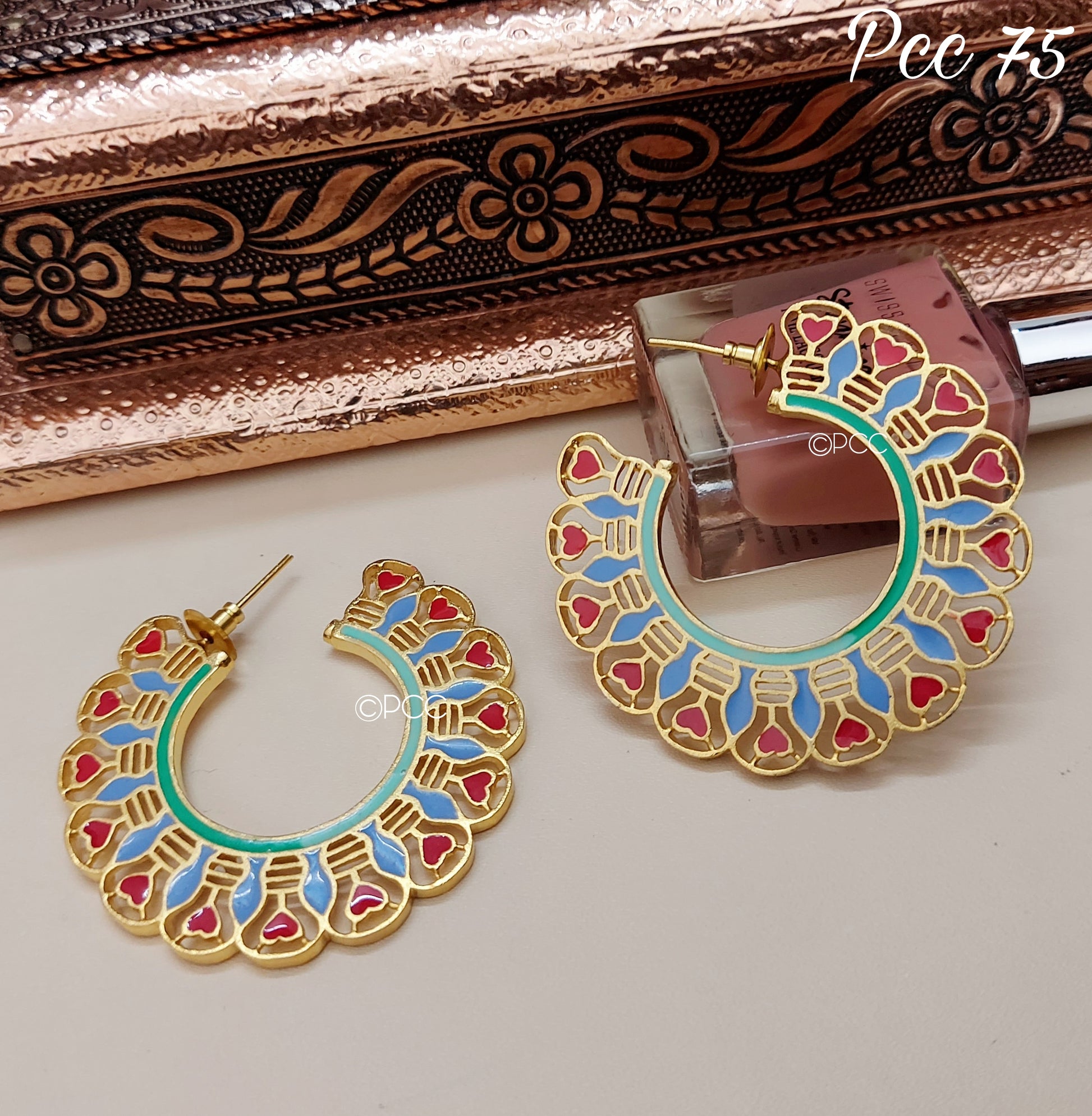 Gold Plated Meenakari Half Hoop Earrings