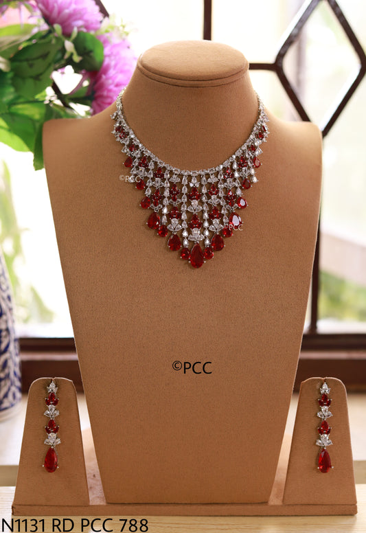 Fancy Cut Red Helenite & Diamond Necklace