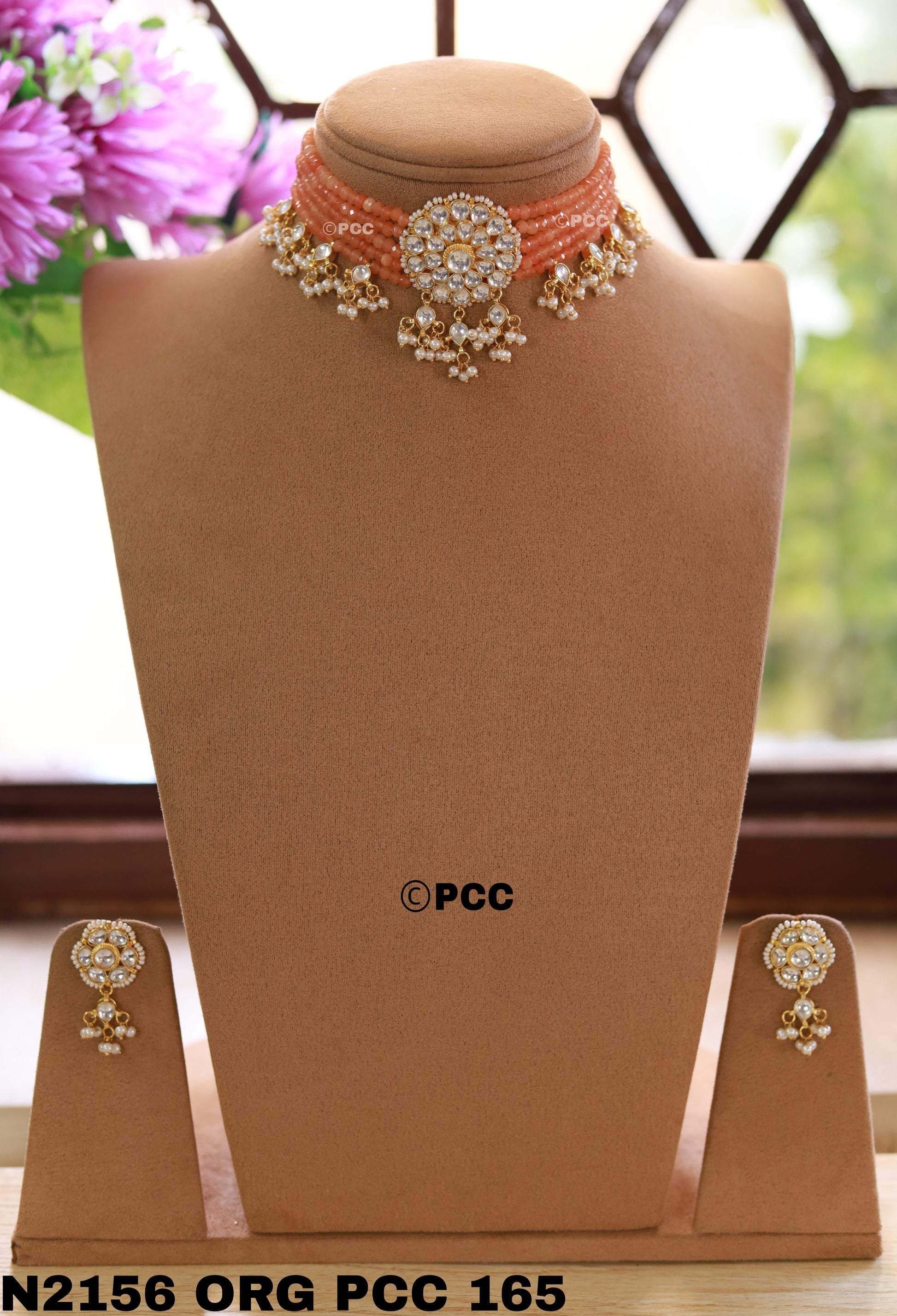 Kundan & Pearls Flowers Choker Necklace & earring Set