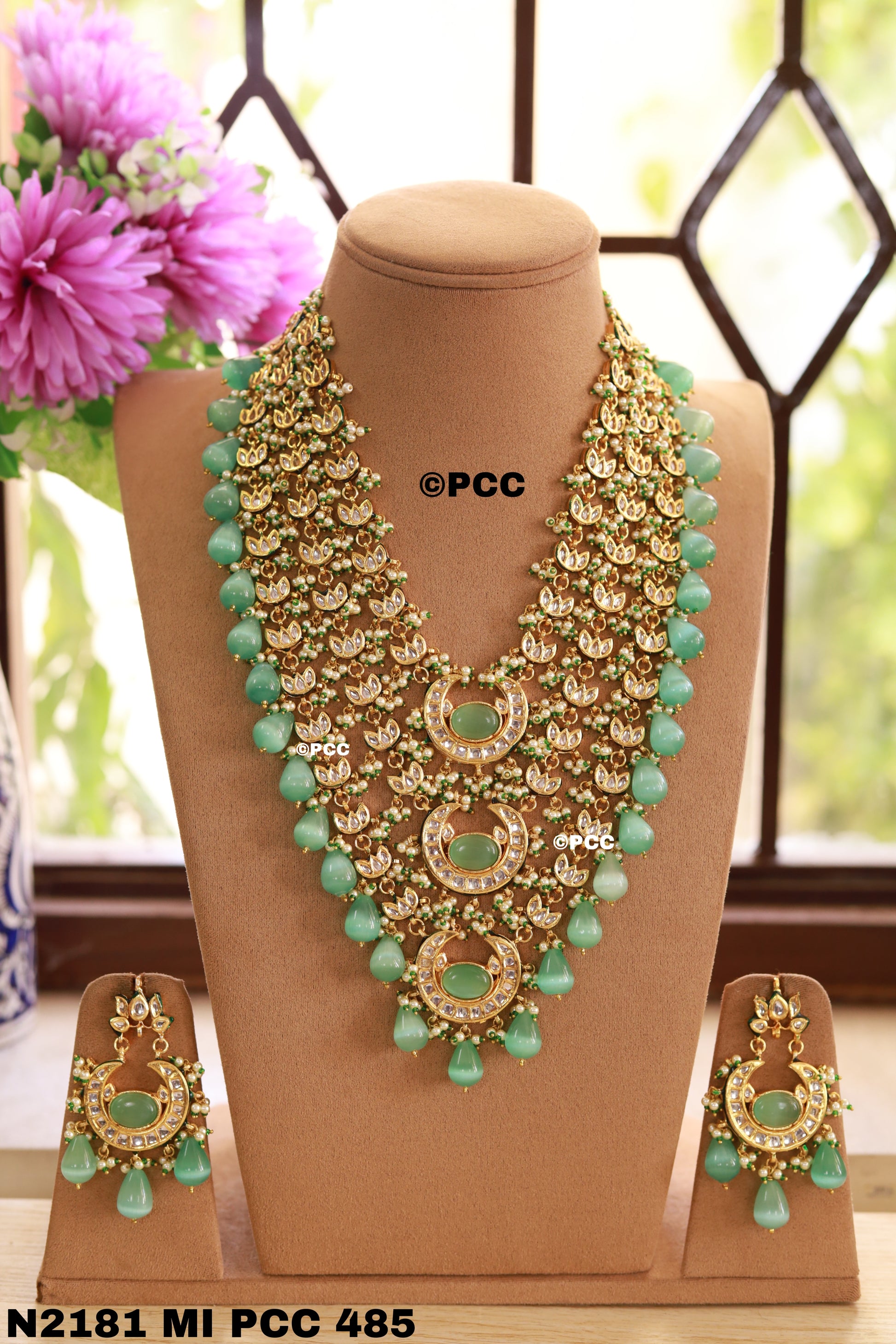 Handmade Kundan & Jade Drops Multi Strand Rajasthani Necklace Set